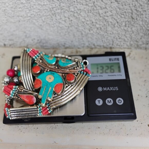 Handcrafted Tibetan Silver Collar Necklace w/Inlay Turquoise & Coral and Beads - Picture 8 of 8